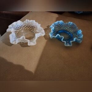 Fenton 1 Blue Opalescent & 1 White Hobnail Ruffled Rim